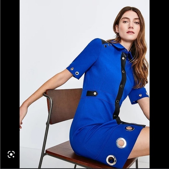 Karen Millen- NWT Blue Stretch Mini Dress w Silver Ring Cutout and Leather Trim - Picture 2 of 13